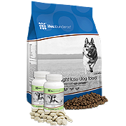 Life's Abundance dog food with blue packaging and supplement bottles